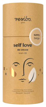 Resibo Self Love BB Cream Sunny Beige, cylindryczne opakowanie z kraft papieru, grafika twarzy ze złotymi detalami, widok z przodu.