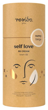 Resibo Self Love BB Cream Sunny Beige, cylindryczne opakowanie z kraft papieru, grafika twarzy ze złotymi detalami, widok z przodu.