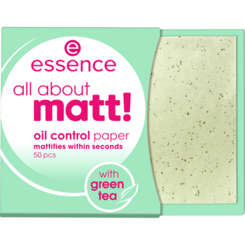 Bibułki matujące Essence All About Matt! z zieloną herbatą, 50 szt., w miętowym opakowaniu, widok z przodu.