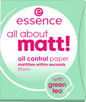 Essence All About Matt! oil control blotting papers, 50 pcs, with green tea, green/white packet, front view.