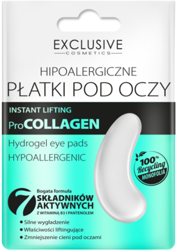 Hipoalergiczne płatki pod oczy Exclusive ProCollagen, białe opakowanie z turkusowym wzorem, widok z przodu.