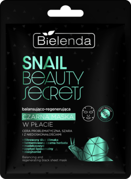 Czarne opakowanie maski Bielenda Snail Beauty Secrets, balansująco-regenerująca maska z zielonym ślimakiem.