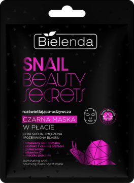 Bielenda Snail Beauty Secrets rozświetlająca czarna maska w płachcie, czarna saszetka z różowym ślimakiem.