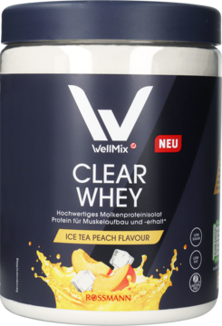 WellMix Clear Whey Ice Tea Peach, ciemna tuba z białą nakrętką, etykieta z brzoskwinią, lodem i napisem NEU.
