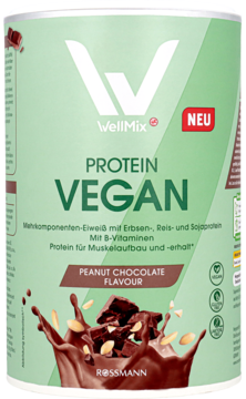 WellMix Vegan Protein o smaku czekoladowo-orzechowym, zielona puszka. Grafika z czekoladą i orzeszkami, widok z przodu.