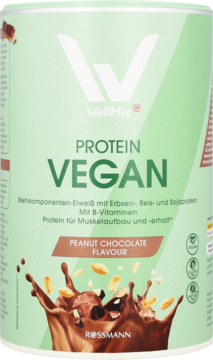 WellMix Protein Vegan Peanut Chocolate, zielona puszka z logo W, widok z przodu, z orzechami i czekoladą.