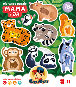 Okładka CzuCzu Pierwsze puzzle Mama i Ja: kolorowe pary zwierząt z młodymi na zielonym tle, dla 18m+.