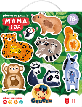 Pierwsze puzzle Mama i ja CzuCzu. Zestaw 11 dwuelementowych układanek zwierzęta z dziećmi, na zielonym tle. Widok z przodu.