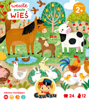 Czuczu Wesołe puzzle Wieś, edukacyjna układanka dla dzieci 2+, widok przodu pudełka z farmą i zwierzętami.