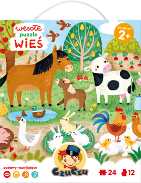 Front pudełka: Wesołe puzzle Wieś Czuczu, układanka dla dzieci 2+, barwna ilustracja konia, krowy, zajączków.