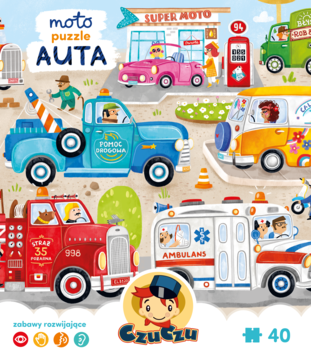 Puzzle CzuCzu Moto Auta: kolorowy obraz z autami, wozem strażackim, karetką i lawetą dla dzieci.