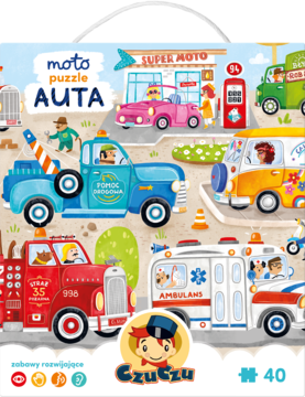 Kolorowe puzzle CzuCzu Moto Auta dla dzieci, widok z przodu opakowania z ilustracją samochodów i stacji paliw.