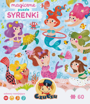 Kolorowe puzzle CzuCzu Syrenki, opakowanie z radosnymi syrenkami i morskimi stworzeniami na tle oceanu, przód.