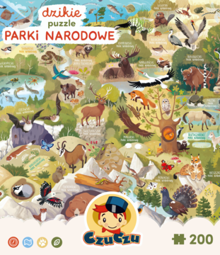200-elementowe puzzle CzuCzu Dzikie Parki Narodowe, barwna ilustracja polskich zwierząt i roślin, widok z przodu.