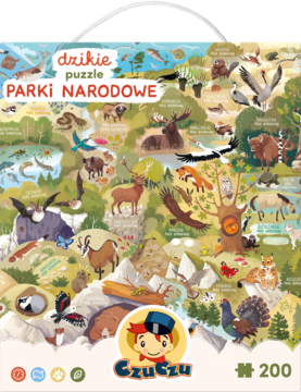Front pudełka edukacyjnych puzzli CzuCzu Parki Narodowe, 200 elementów, z ilustracją fauny i flory.