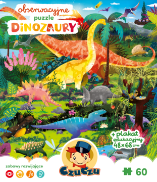 CzuCzu Obserwacyjne puzzle Dinozaury, front pudełka, barwna ilustracja sceny z różnymi dinozaurami.