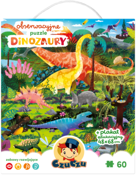 Kolorowe puzzle obserwacyjne CzuCzu Dinozaury, 60 elementów, z edukacyjnym plakatem. Widok z przodu opakowania.