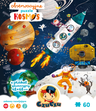 CzuCzu Kosmos puzzle obserwacyjne, ilustracja kosmosu z rakietą, planetami i astronautami, widok z przodu.