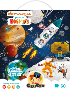 CzuCzu Puzzle obserwacyjne Kosmos 60 el., z rakietą, planetami i astronautą, plus plakat. Front opakowania.