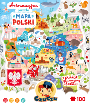 Obserwacyjne puzzle Czu Czu Mapa Polski 100 el., kolorowa ilustrowana mapa z fauną i zabytkami, przód.