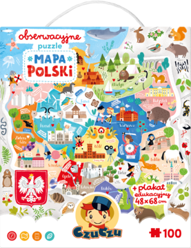 Czu Czu, Puzzle obserwacyjne Mapa Polski 100 elementów. Kolorowa, edukacyjna ilustrowana mapa na froncie pudełka.