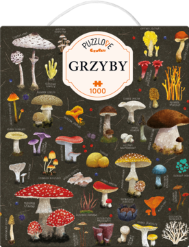 Puzzle Puzzlove Grzyby 1000 elementów. Ciemne pudełko z barwnymi ilustracjami grzybów, widok z przodu.