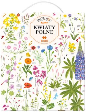 Puzzlove Czu Czu Kwiaty Polne puzzle, białe pudełko z kolorowymi ilustracjami dzikich kwiatów i etykietami, 1000 elementów.