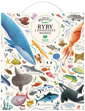 Front pudełka puzzli Puzzlove Ryby i Zwierzęta Wodne, 500 elementów, z kolorowymi ilustracjami stworzeń morskich.