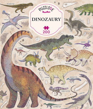 Puzzlove Dinozaury 200 el. CzuCzu, pudełko z ilustracją wielu dinozaurów i kości na piaskowym tle.