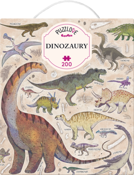 Pudełko puzzli CzuCzu Puzzlove Dinozaury, widok z przodu. Ilustracja dinozaurów, gadów i skamieniałości.