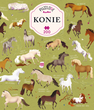 Okładka puzzli Puzzlove Czuczu Konie 200 el. na zielonym tle z licznymi ilustracjami koni różnych ras.