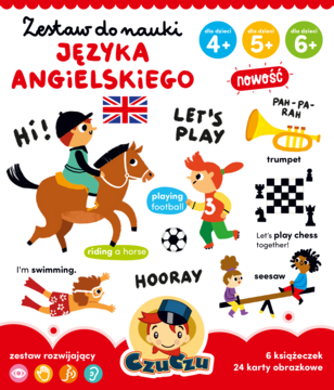 Kolorowy zestaw Czuczu do nauki angielskiego dla dzieci 4-6+, z ilustracjami, 6 książeczek i 24 karty.