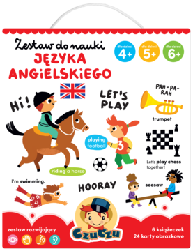 Zestaw do nauki angielskiego Czuczu dla dzieci 4+, kolorowa okładka z postaciami i słowami.
