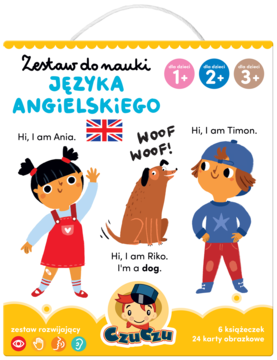 CzuCzu Zestaw do nauki angielskiego dla dzieci 1-3+. Pudełko z Anią, psem Riko, Timonem, flagą UK.