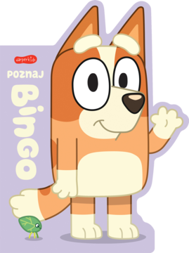 Ilustracja Bingo z Bluey: pomarańczowo-kremowy piesek macha na fioletowym tle, z napisem POZNAJ Bingo i małym owadem.
