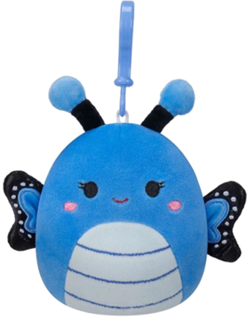 Niebieska maskotka Squishmallows-breloczek, motyl z różowymi policzkami, białym brzuszkiem i czarno-białymi skrzydłami.