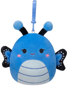 Niebieska maskotka Squishmallows-breloczek, motyl z różowymi policzkami, białym brzuszkiem i czarno-białymi skrzydłami.