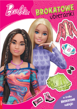 Różowa okładka książki Barbie Brokatowe ubieranki, dwie lalki i przykładowe lśniące naklejki ubrań dla dzieci.