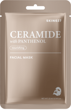 SKIN627 koreańska maska w płachcie z ceramidami i pantenolem, beżowa saszetka, widok z przodu.