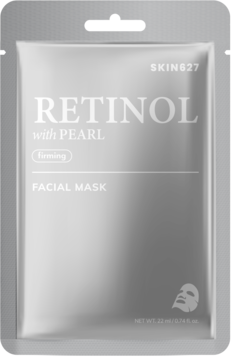 SKIN627 Retinol with Pearl ujędrniająca maska w srebrnej saszetce z metalicznym połyskiem, widok z przodu.
