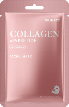 Różowa rewitalizująca maska w płachcie Skin627 z kolagenem i peptydem, widok z przodu, z połyskiem.