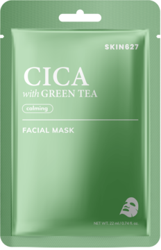 Zielona saszetka maski w płachcie SKIN627 CICA with Green Tea, kojąca, widok z przodu z białym napisem.