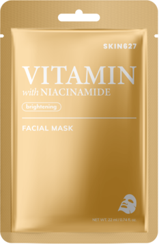 Złota saszetka Skin627 Vitamin z niacynamidem. Rozjaśniająca maska w płachcie, widok z przodu.