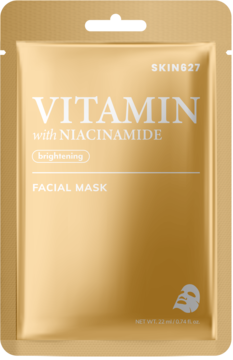 Złota saszetka Skin627 Vitamin z niacynamidem. Rozjaśniająca maska w płachcie, widok z przodu.