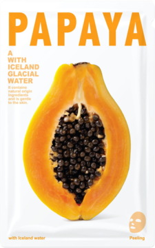 Biała maska w płachcie Papaya z grafiką przekrojonej pomarańczowej papai, z wodą lodowcową, widok z przodu.