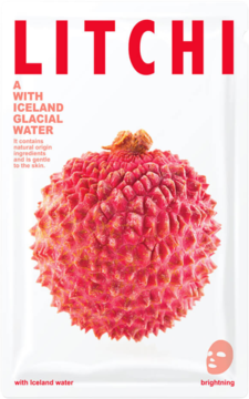 Koreańska maska w płachcie Litchi, rozświetlająca. Białe opakowanie z dużym, różowym liczi i czerwonym napisem, widok z przodu.