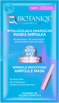 Niebieska saszetka maski ampułki Biotaniqe wygładzającej zmarszczki, z efektem Boto Lift i neuroterapią.
