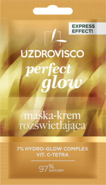 Złota maska-krem rozświetlająca UZDROVISCO Perfect Glow, saszetka, widok z przodu, z efektem ekspresowym.