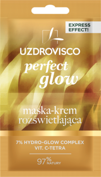 Złota maska-krem rozświetlająca UZDROVISCO Perfect Glow, saszetka, widok z przodu, z efektem ekspresowym.