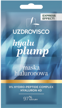 Niebieska saszetka UZDROVISCO Hyalu Plump ekspresowa maska hialuronowa do twarzy, widok z przodu.